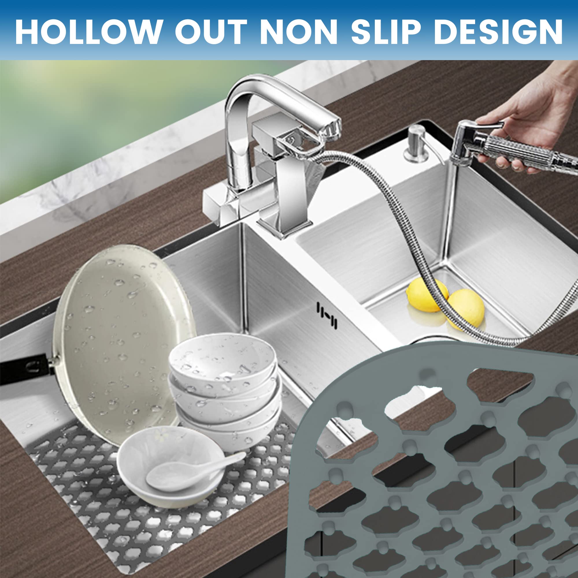 Non-slip Grey Silicone Heat Resistant Sink Protector Silicone Sink Mat - Farmhouse Sink Accessories, Kitchen Sink Mats, Kitchen Sink Drain, Adjustable Sink Protectors for Kitchen Sink- 13.4 X 11.6
