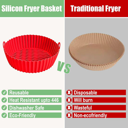 BEZAZZLED 2 Reusable Silicone Air Fryer Liners for 3-5 QT Fryers,8" Non Stick Foldable Liners Airfryer Parchment liner with free 9 Inch Tongs with Silicone Tip