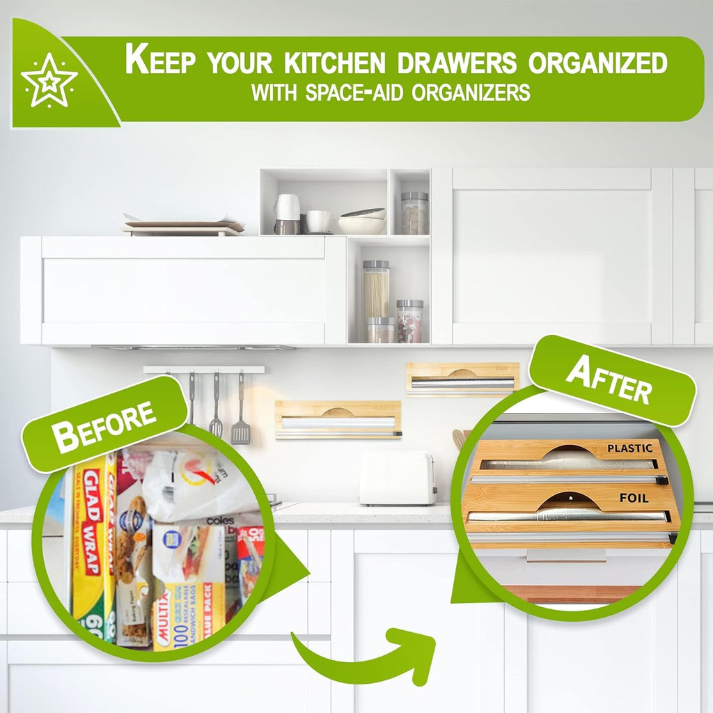BEZAZZLED Bamboo Foil and Plastic Wrap Organizer, Dispenser with Cutter for Drawer, Neat Dispenser with Cutter, Aluminum Foil Dispenser,Storage Organization Holder for 12" Roll