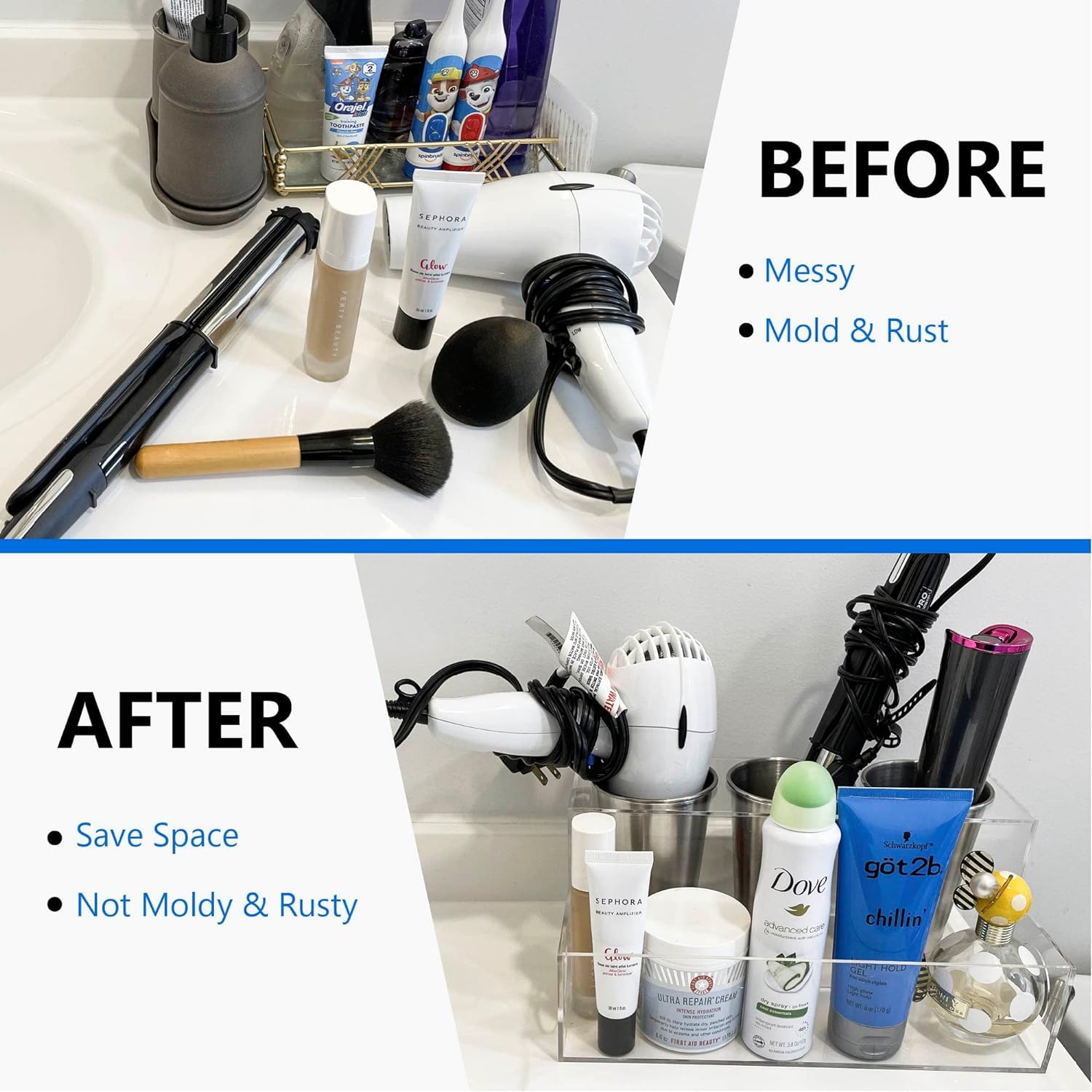 BEZAZZLED Hair Tool Organizer, Clear Acrylic Hair Dryer and Hair Styling Tools Organizer, Bathroom Countertop Blow Dryer Holder, Vanity Storage Stand for Accessories, Makeup with Cord Wrap Organizers