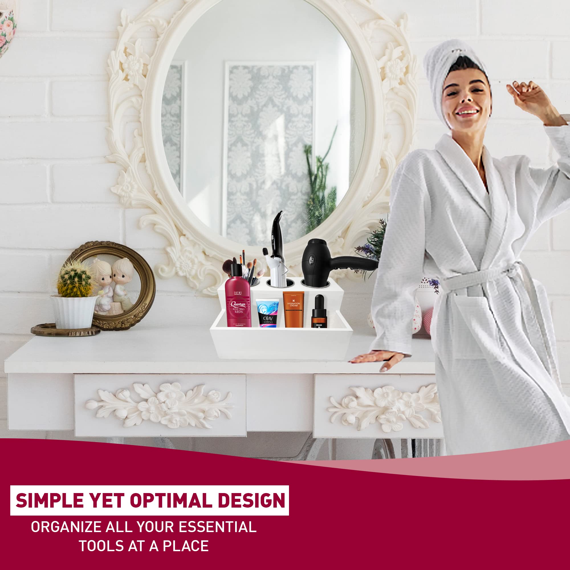 White Hair Dryer Holder, Wooden Countertop Hair Accessories Organizer For Bathroom, Blow Dryer Holder. Hair Appliance Holder, Storage Stand for Makeup Toiletries with Cord Wrap Organizer