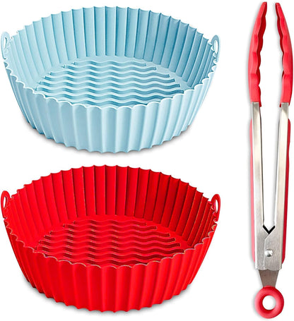BEZAZZLED 2 Reusable Silicone Air Fryer Liners for 3-5 QT Fryers,8" Non Stick Foldable Liners Airfryer Parchment liner with free 9 Inch Tongs with Silicone Tip