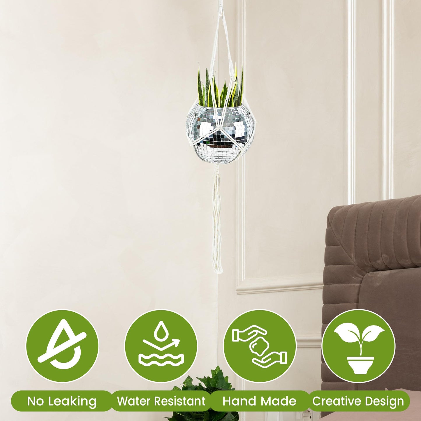 Disco Ball Planter:Christmas Gift, Indoor Hanging Plant Pot, 8 Inch Plant Hanger Decorative Mirror Stand for Porch & Home Garden, Large Plastic Planter with Rope Chain