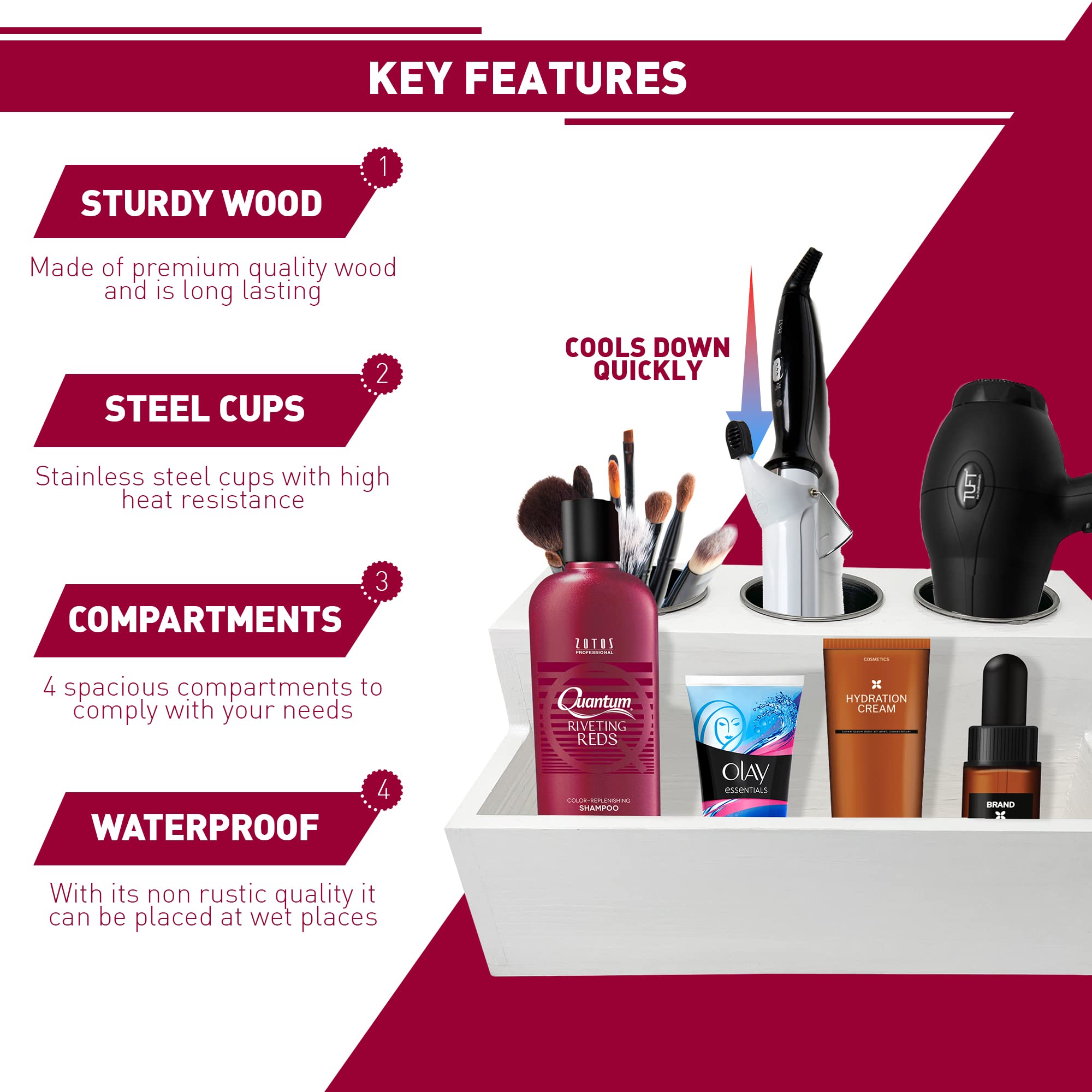 White Hair Dryer Holder, Wooden Countertop Hair Accessories Organizer For Bathroom, Blow Dryer Holder. Hair Appliance Holder, Storage Stand for Makeup Toiletries with Cord Wrap Organizer