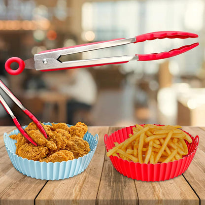 BEZAZZLED 2 Reusable Silicone Air Fryer Liners for 3-5 QT Fryers,8" Non Stick Foldable Liners Airfryer Parchment liner with free 9 Inch Tongs with Silicone Tip