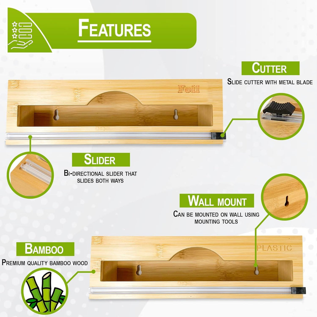 BEZAZZLED Bamboo Foil and Plastic Wrap Organizer, Dispenser with Cutter for Drawer, Neat Dispenser with Cutter, Aluminum Foil Dispenser,Storage Organization Holder for 12" Roll