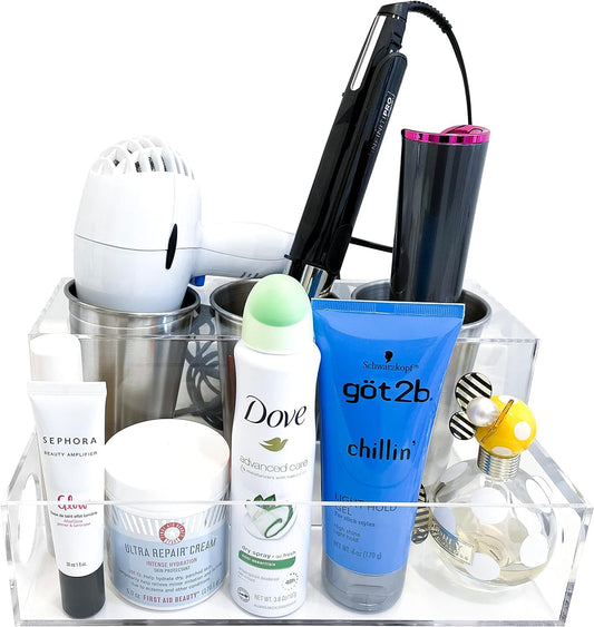 BEZAZZLED Hair Tool Organizer, Clear Acrylic Hair Dryer and Hair Styling Tools Organizer, Bathroom Countertop Blow Dryer Holder, Vanity Storage Stand for Accessories, Makeup with Cord Wrap Organizers