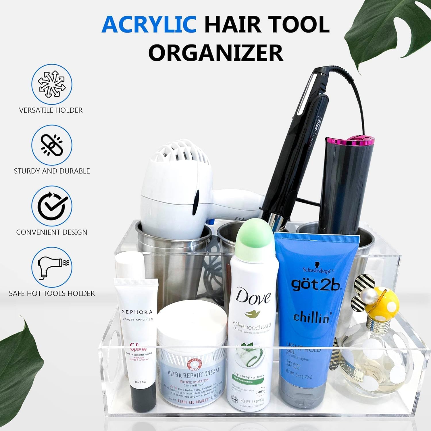 BEZAZZLED Hair Tool Organizer, Clear Acrylic Hair Dryer and Hair Styling Tools Organizer, Bathroom Countertop Blow Dryer Holder, Vanity Storage Stand for Accessories, Makeup with Cord Wrap Organizers