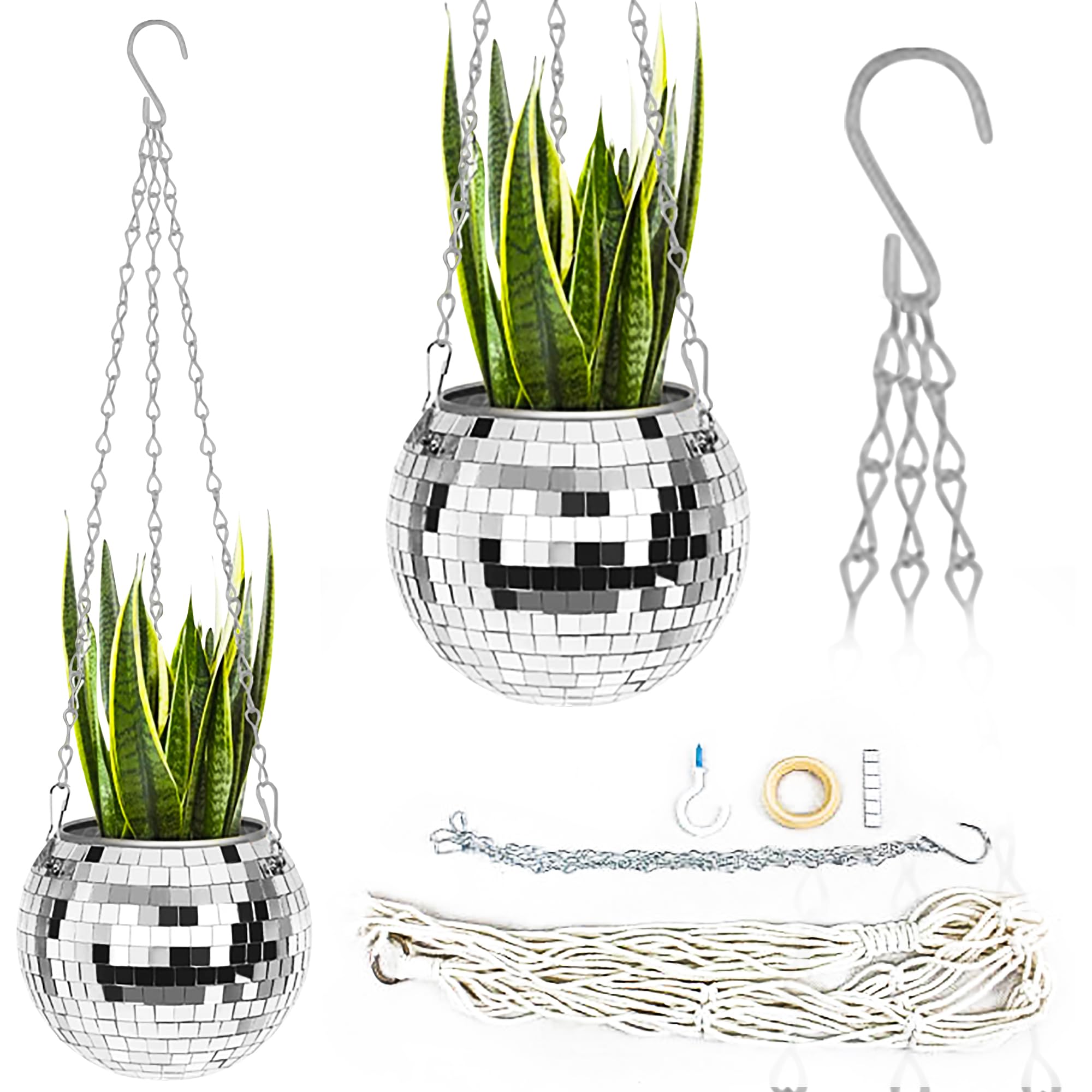 Disco Ball Planter:Christmas Gift, Indoor Hanging Plant Pot, 8 Inch Plant Hanger Decorative Mirror Stand for Porch & Home Garden, Large Plastic Planter with Rope Chain