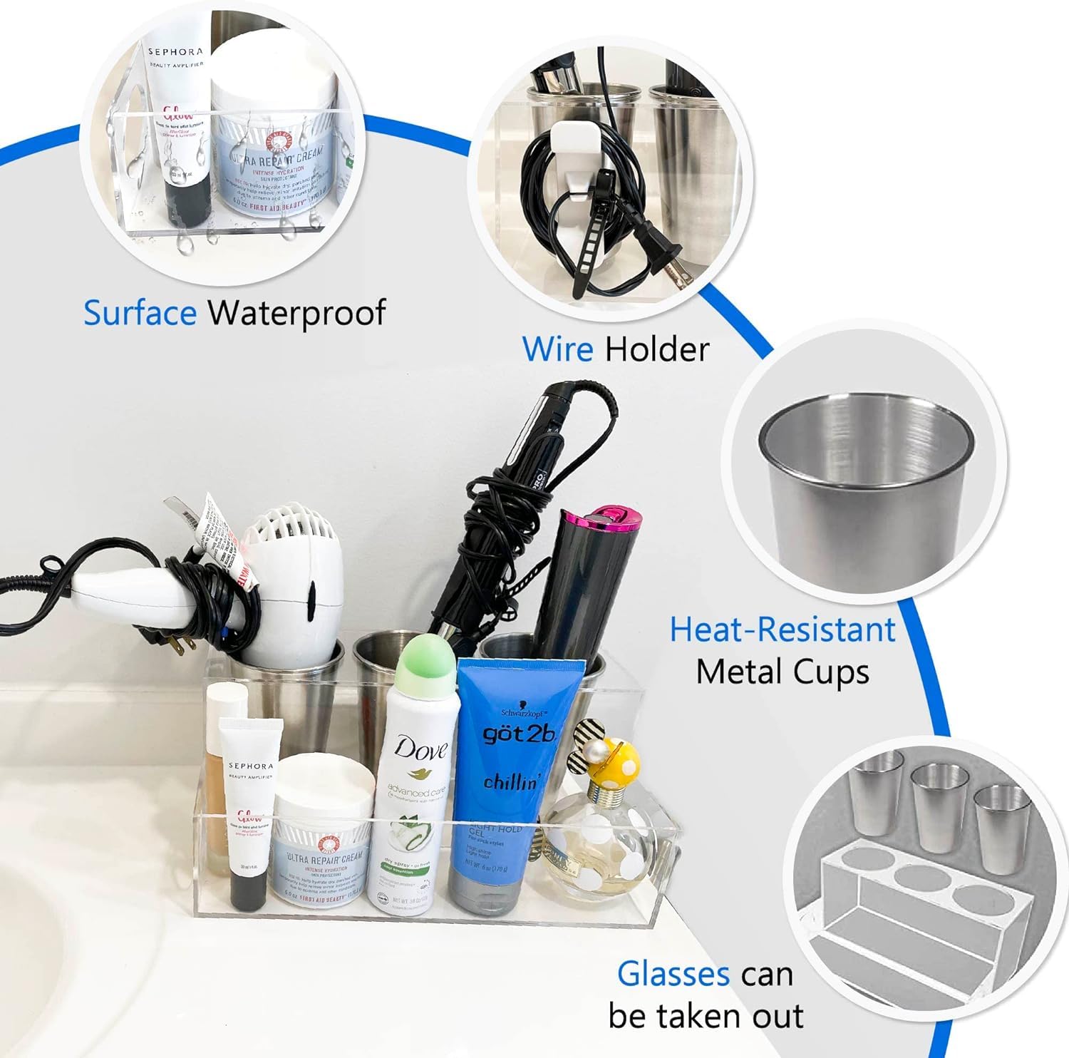 BEZAZZLED Hair Tool Organizer, Clear Acrylic Hair Dryer and Hair Styling Tools Organizer, Bathroom Countertop Blow Dryer Holder, Vanity Storage Stand for Accessories, Makeup with Cord Wrap Organizers