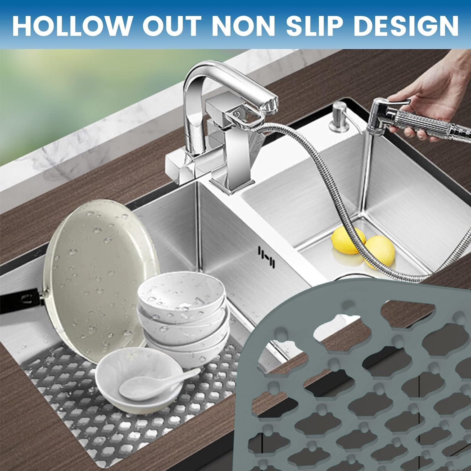 BEZAZZLED Non-slip Grey Silicone Heat Resistant Sink Protector Silicone Sink Mat - Farmhouse Sink Accessories, Kitchen Sink Mats, Kitchen Sink Drain, Adjustable Sink Protectors for Kitchen 13.4 X 11.6