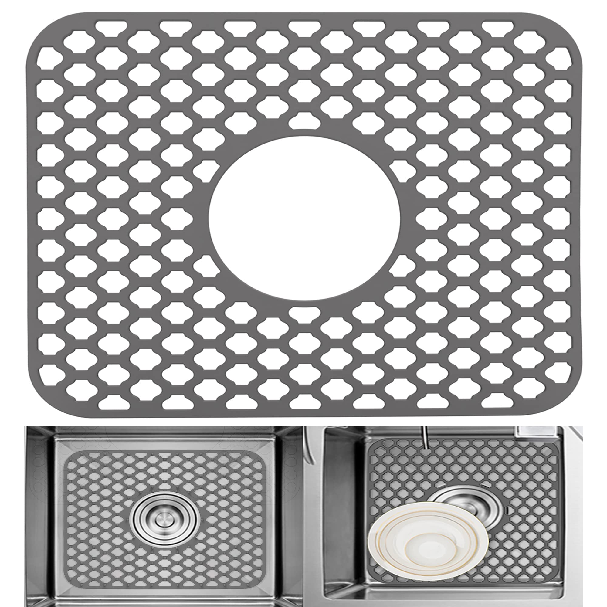 Non-slip Grey Silicone Heat Resistant Sink Protector Silicone Sink Mat - Farmhouse Sink Accessories, Kitchen Sink Mats, Kitchen Sink Drain, Adjustable Sink Protectors for Kitchen Sink- 13.4 X 11.6