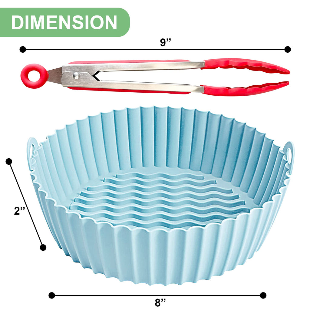 2 Reusable 8" Silicone Air Fryer Liners for 3-5 QT Fryers,Non Stick Foldable Liners Airfryer Parchment liner with free 9 Inch Tongs with Silicone Tip