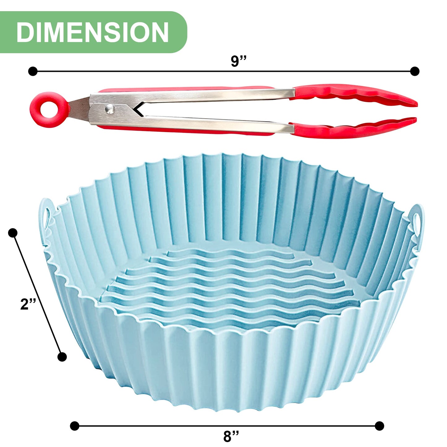 2 Reusable 8" Silicone Air Fryer Liners for 3-5 QT Fryers,Non Stick Foldable Liners Airfryer Parchment liner with free 9 Inch Tongs with Silicone Tip