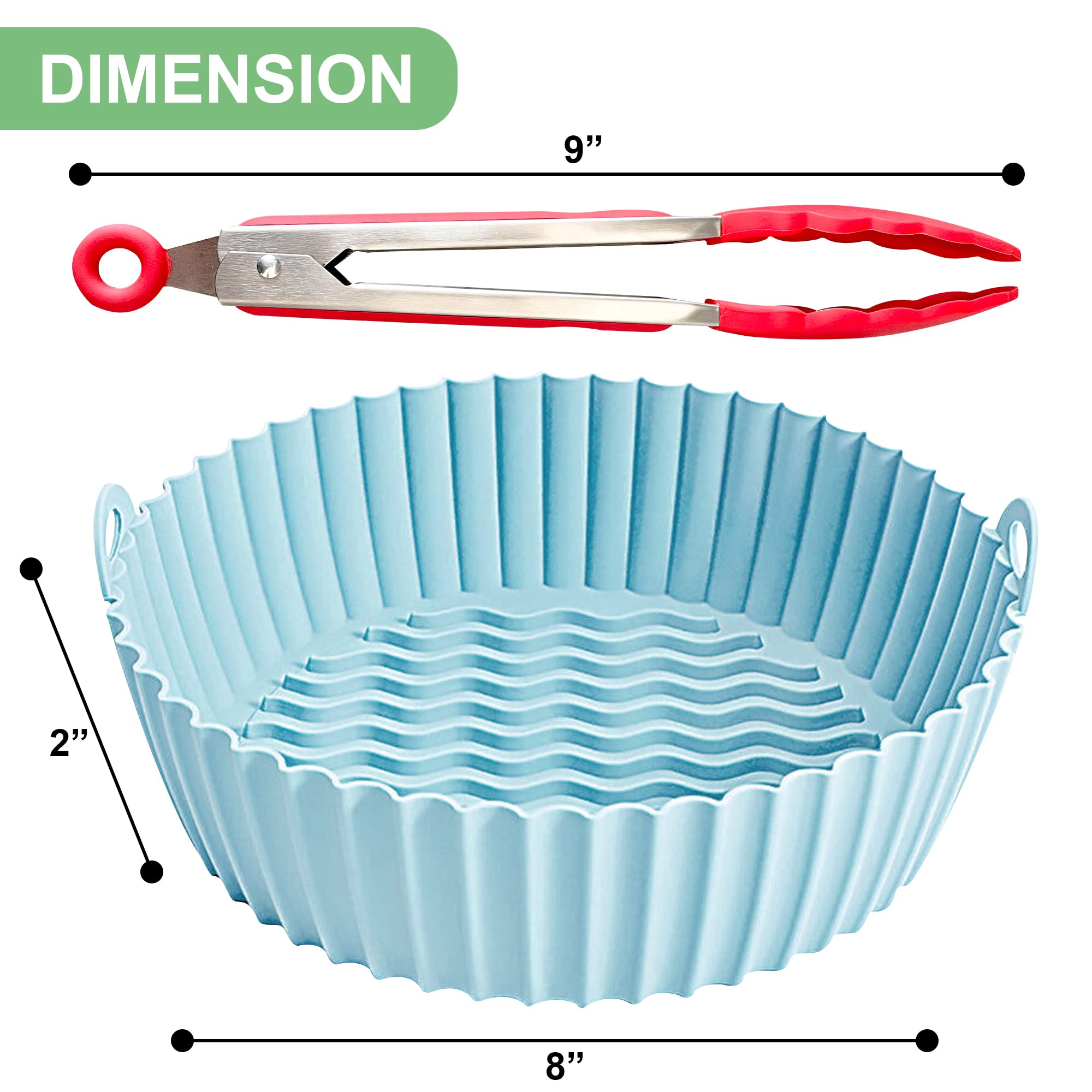 2 Reusable 8" Silicone Air Fryer Liners for 3-5 QT Fryers,Non Stick Foldable Liners Airfryer Parchment liner with free 9 Inch Tongs with Silicone Tip