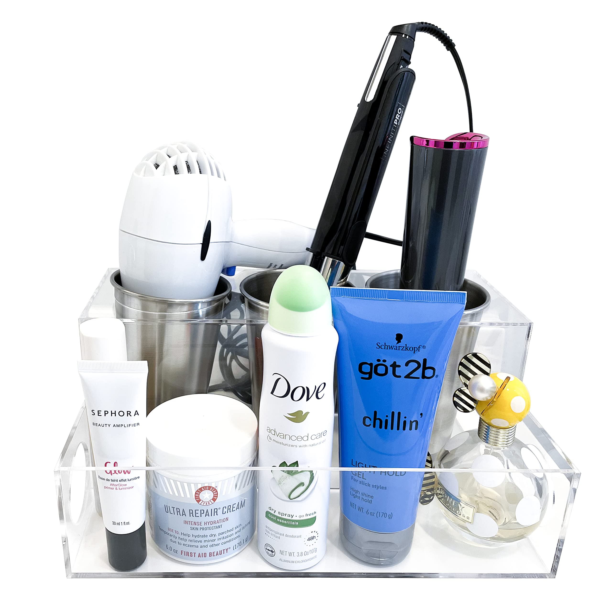 BEZAZZLED Hair Tool Organizer, Clear Acrylic Hair Dryer and Hair Styling Tools Organizer, Bathroom Countertop Blow Dryer Holder, Vanity Storage Stand for Accessories, Makeup with Cord Wrap Organizers