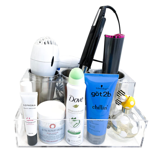 BEZAZZLED Hair Tool Organizer, Clear Acrylic Hair Dryer and Hair Styling Tools Organizer, Bathroom Countertop Blow Dryer Holder, Vanity Storage Stand for Accessories, Makeup with Cord Wrap Organizers