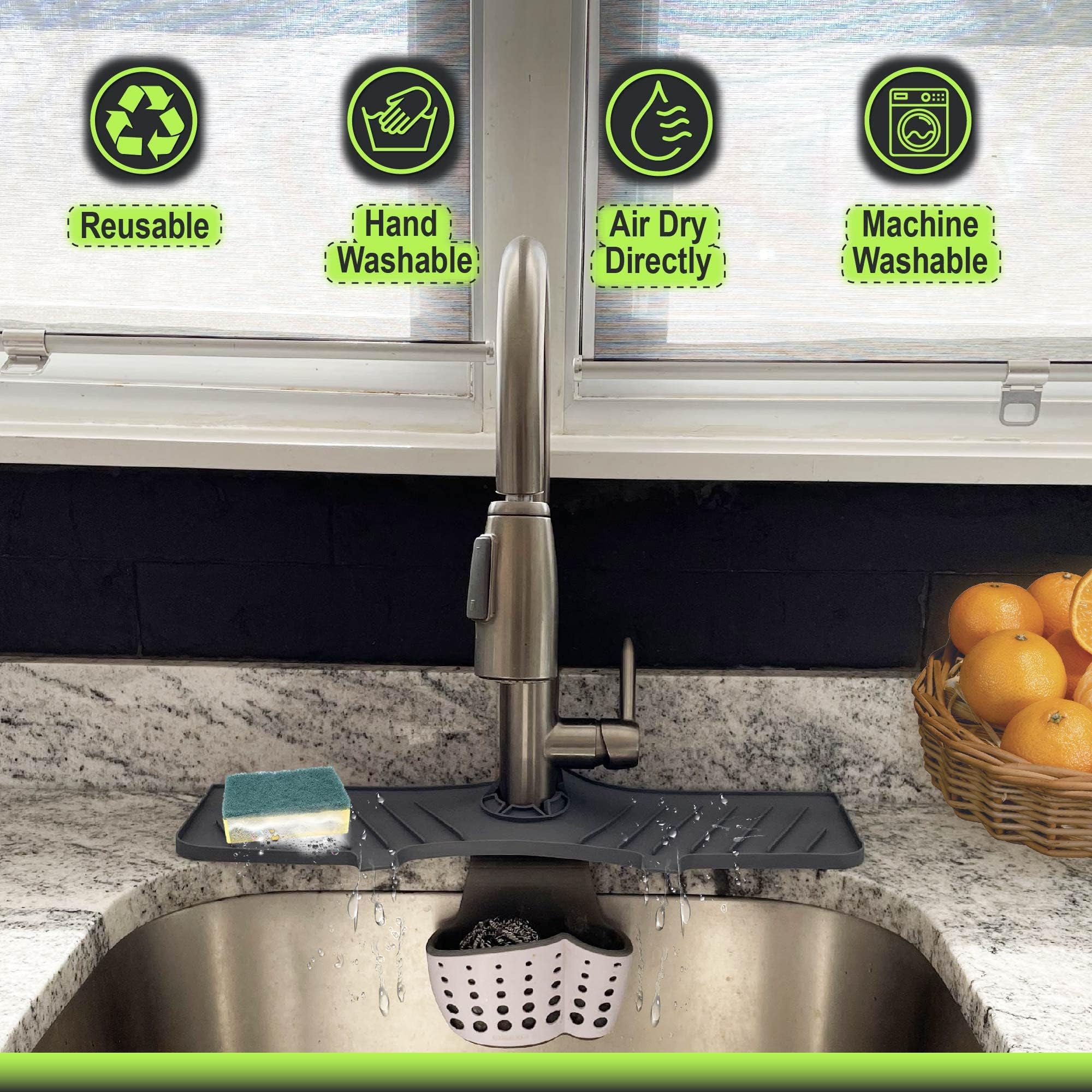 Bezazzled Silicone Faucet Handle Drip Catcher Tray Mat, Drying Mat for Kitchen Counter Bathroom Sink Splash Guard -Grey, Silicone Faucet Mat Dish Soap Sponge Holder for Sink Accessories Gadgets,