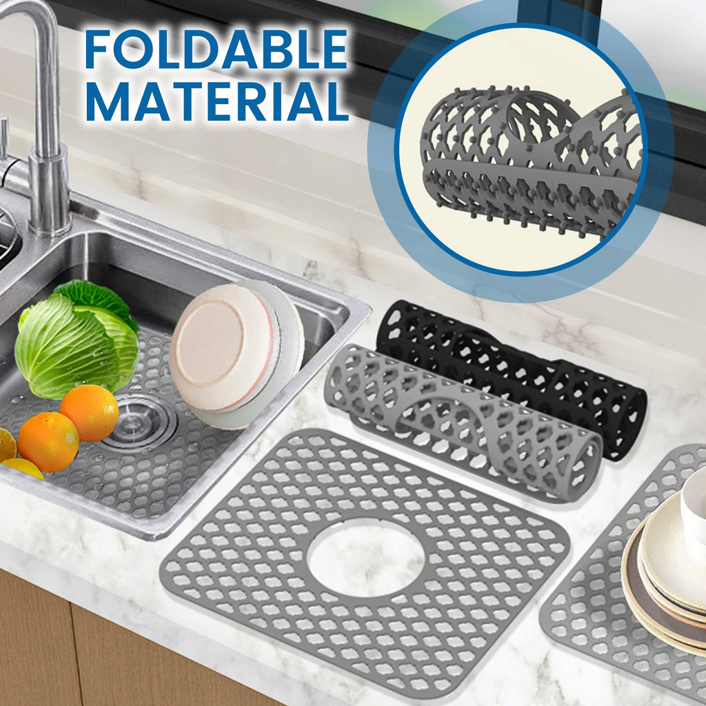 Non-slip Grey Silicone Heat Resistant Sink Protector Silicone Sink Mat - Farmhouse Sink Accessories, Kitchen Sink Mats, Kitchen Sink Drain, Adjustable Sink Protectors for Kitchen Sink- 13.4 X 11.6