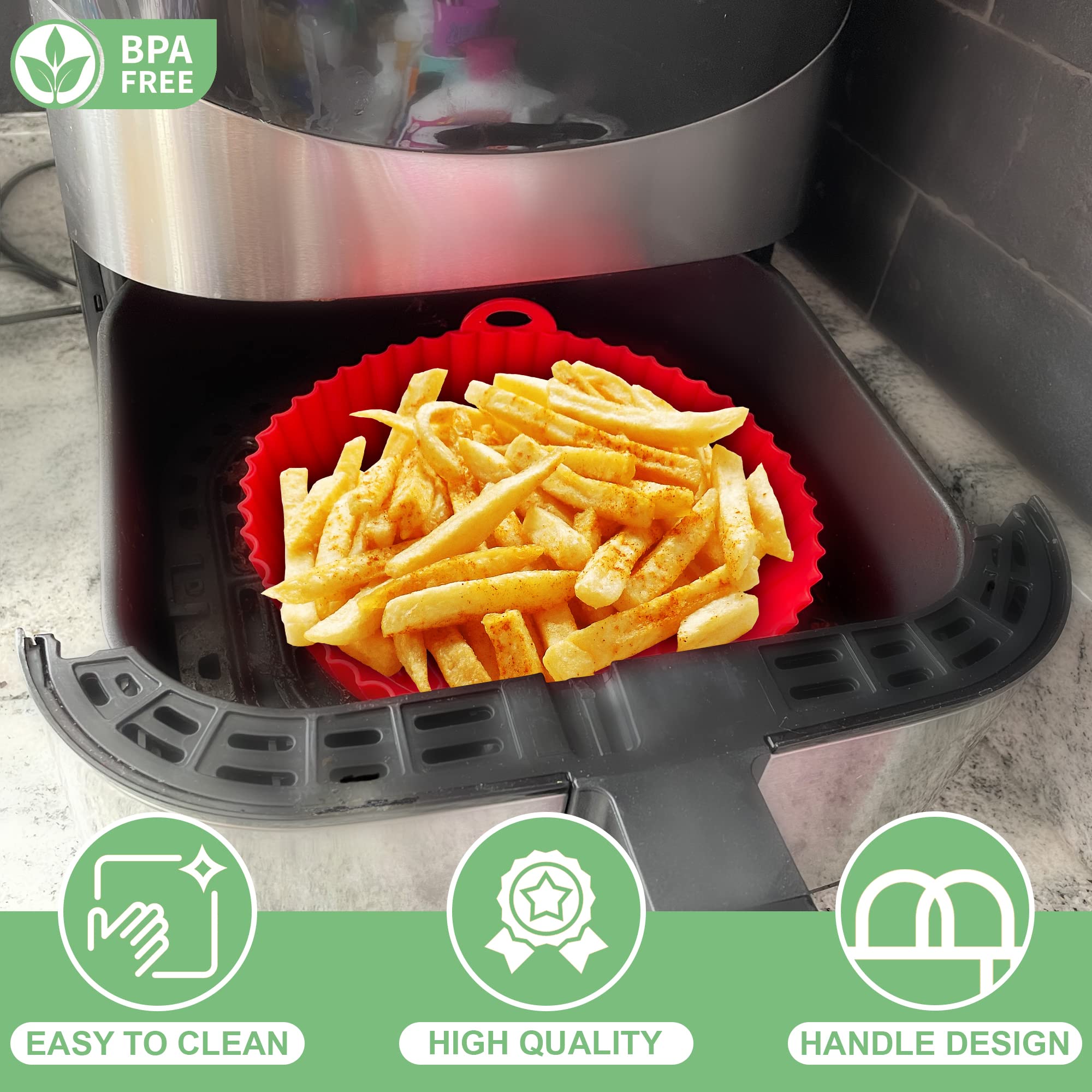 2 Reusable 8" Silicone Air Fryer Liners for 3-5 QT Fryers,Non Stick Foldable Liners Airfryer Parchment liner with free 9 Inch Tongs with Silicone Tip