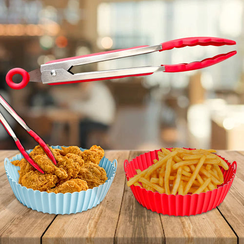2 Reusable 8" Silicone Air Fryer Liners for 3-5 QT Fryers,Non Stick Foldable Liners Airfryer Parchment liner with free 9 Inch Tongs with Silicone Tip