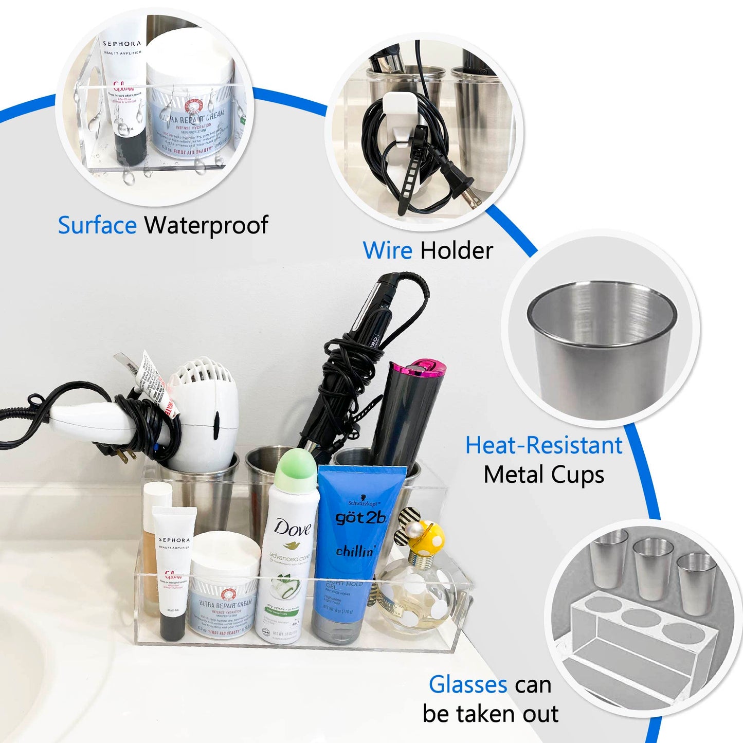 BEZAZZLED Hair Tool Organizer, Clear Acrylic Hair Dryer and Hair Styling Tools Organizer, Bathroom Countertop Blow Dryer Holder, Vanity Storage Stand for Accessories, Makeup with Cord Wrap Organizers