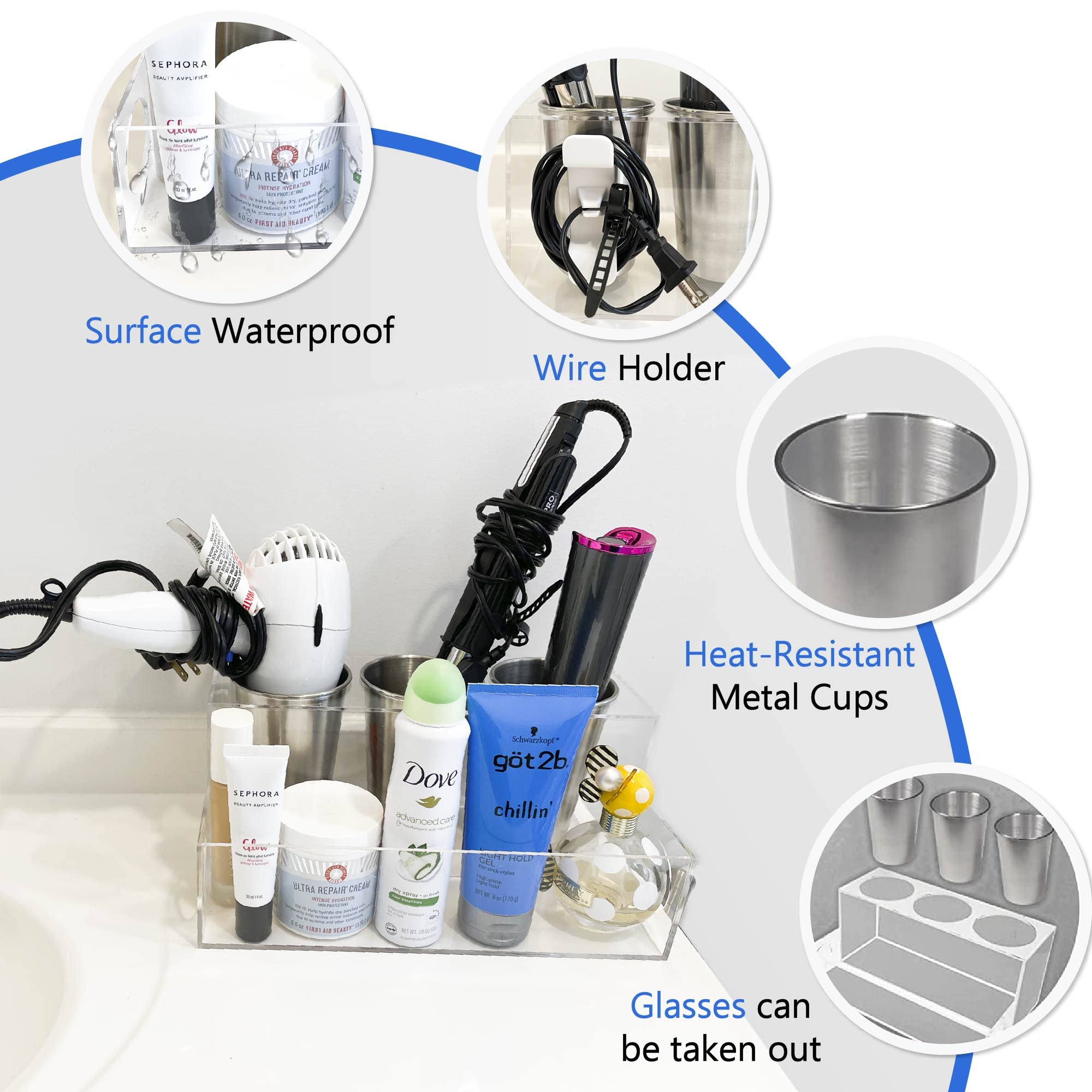 BEZAZZLED Hair Tool Organizer, Clear Acrylic Hair Dryer and Hair Styling Tools Organizer, Bathroom Countertop Blow Dryer Holder, Vanity Storage Stand for Accessories, Makeup with Cord Wrap Organizers