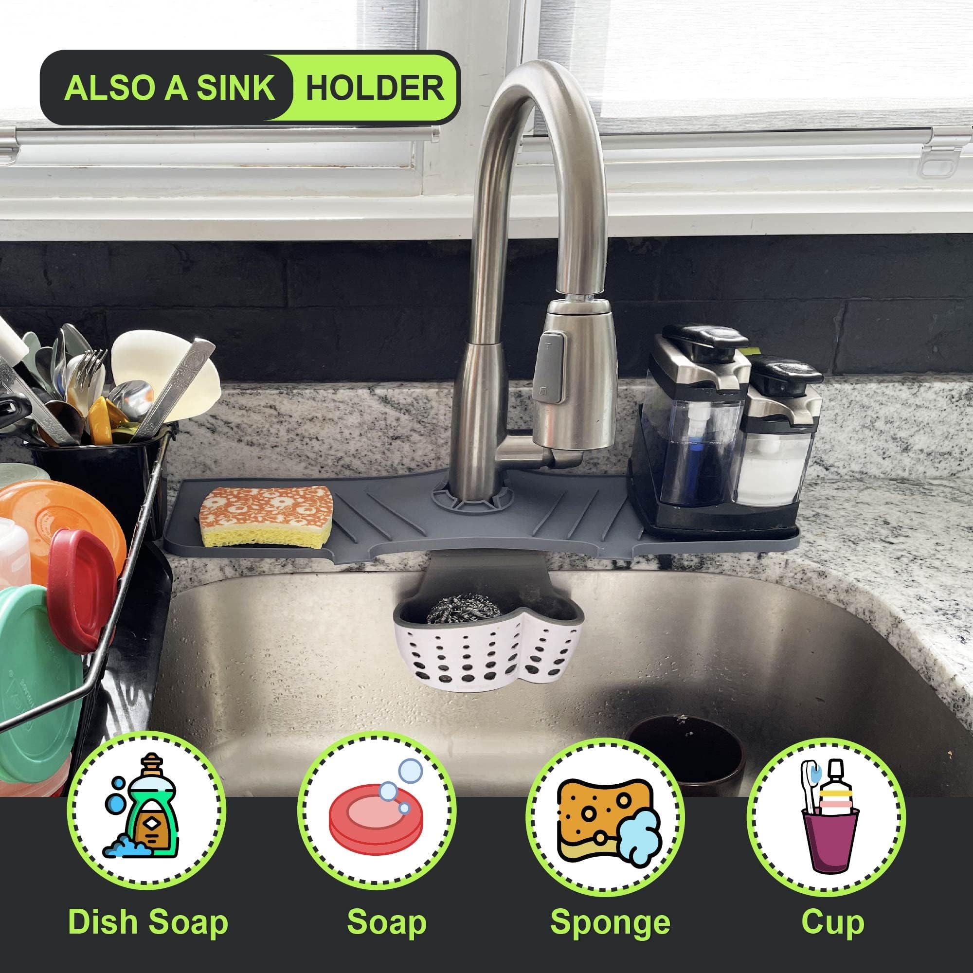 Bezazzled Silicone Faucet Handle Drip Catcher Tray Mat, Drying Mat for Kitchen Counter Bathroom Sink Splash Guard -Grey, Silicone Faucet Mat Dish Soap Sponge Holder for Sink Accessories Gadgets,