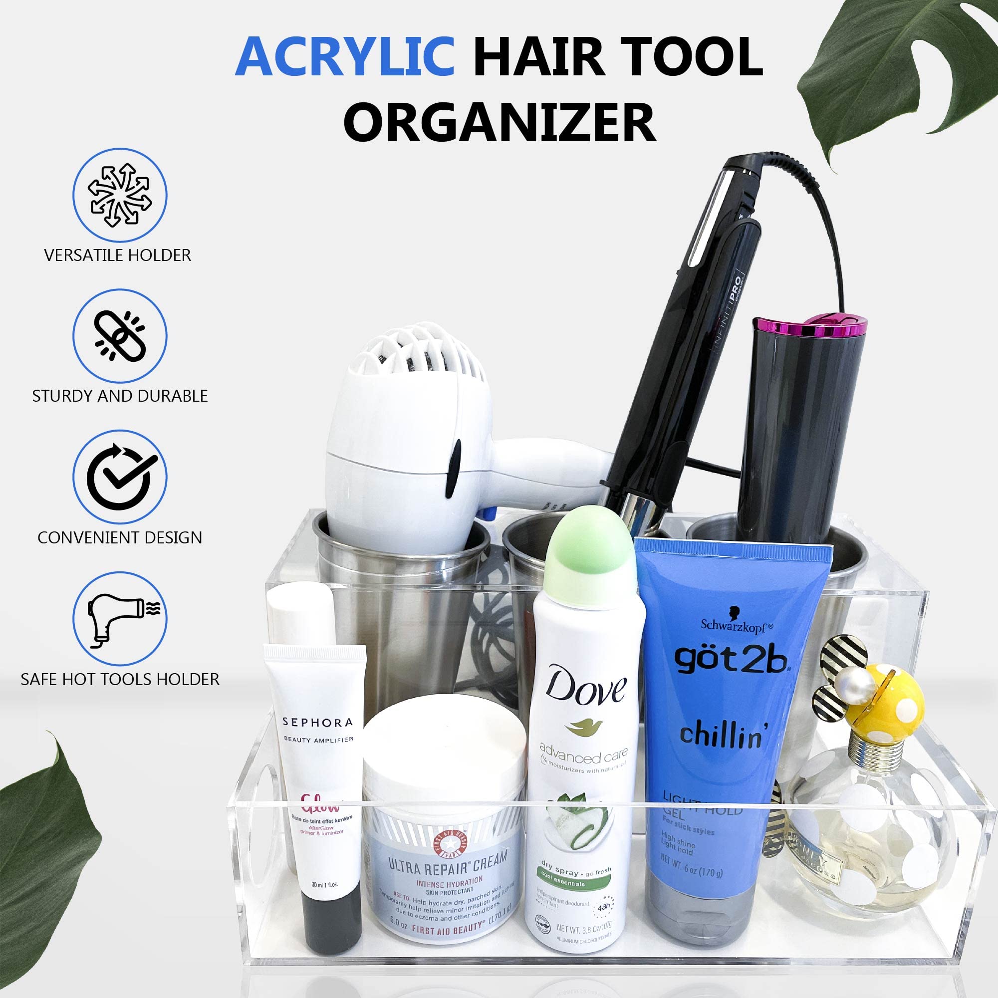 BEZAZZLED Hair Tool Organizer, Clear Acrylic Hair Dryer and Hair Styling Tools Organizer, Bathroom Countertop Blow Dryer Holder, Vanity Storage Stand for Accessories, Makeup with Cord Wrap Organizers