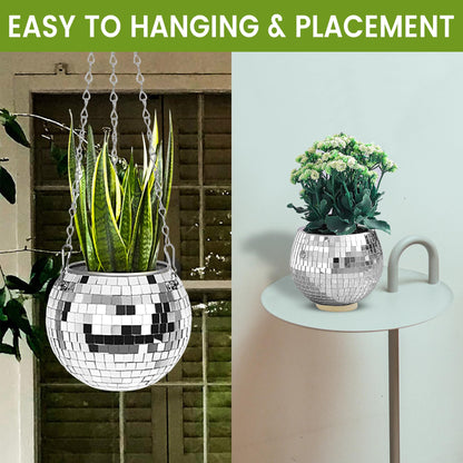 Disco Ball Planter:Christmas Gift, Indoor Hanging Plant Pot, 8 Inch Plant Hanger Decorative Mirror Stand for Porch & Home Garden, Large Plastic Planter with Rope Chain