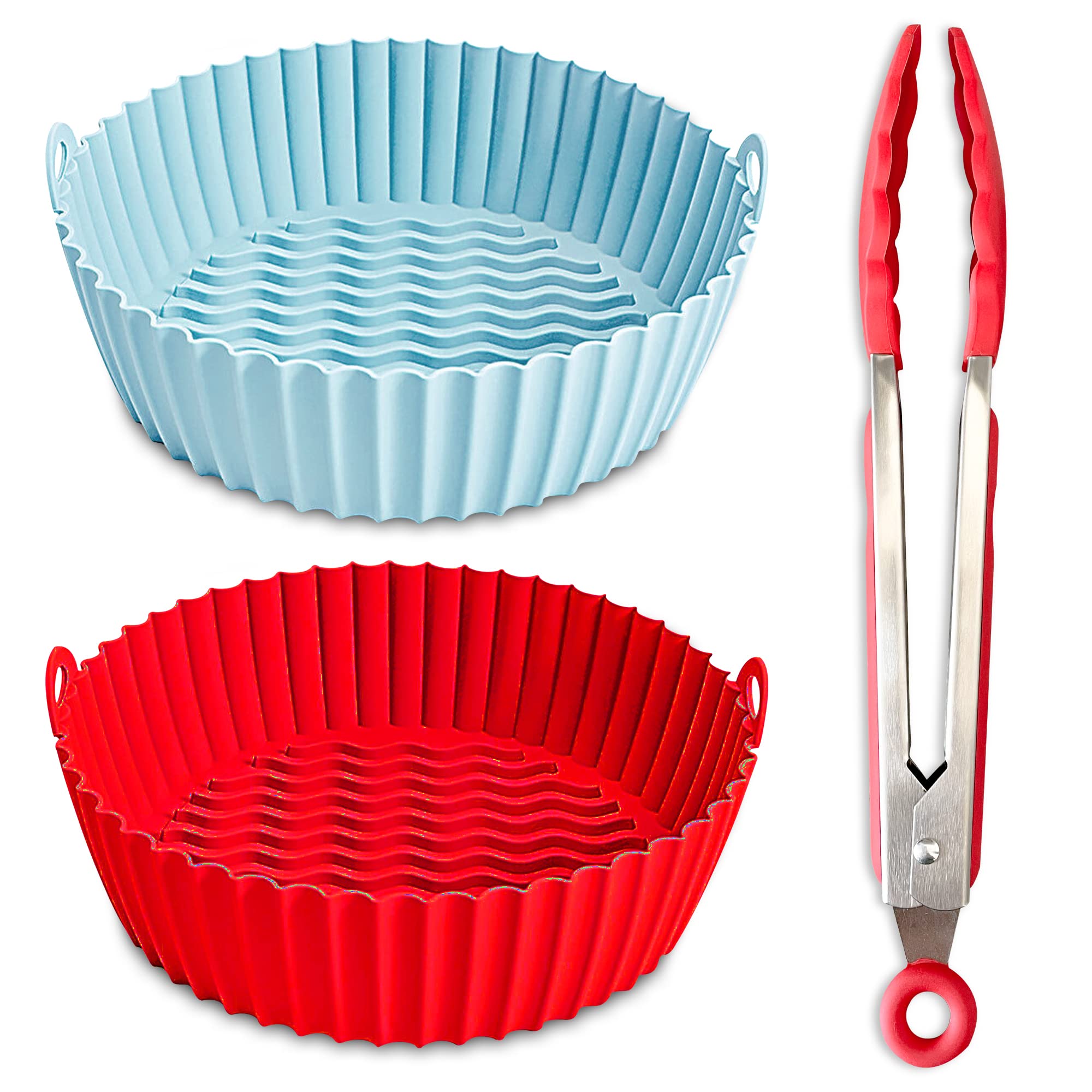 2 Reusable 8" Silicone Air Fryer Liners for 3-5 QT Fryers,Non Stick Foldable Liners Airfryer Parchment liner with free 9 Inch Tongs with Silicone Tip