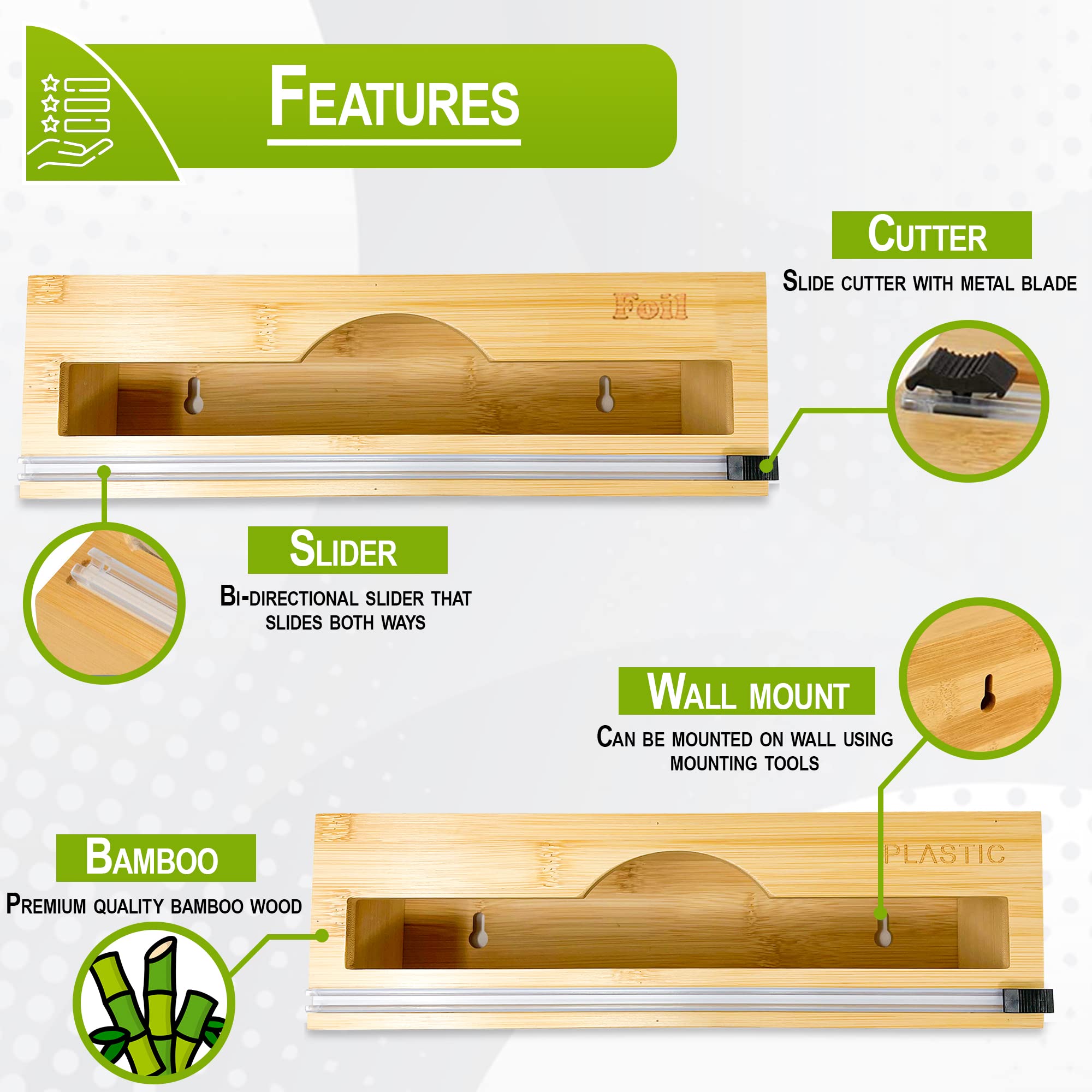 BEZAZZLED Bamboo Foil and Plastic Wrap Organizer, Dispenser with Cutter for Drawer, Neat Dispenser with Cutter, Aluminum Foil Dispenser,Storage Organization Holder for 12" Roll