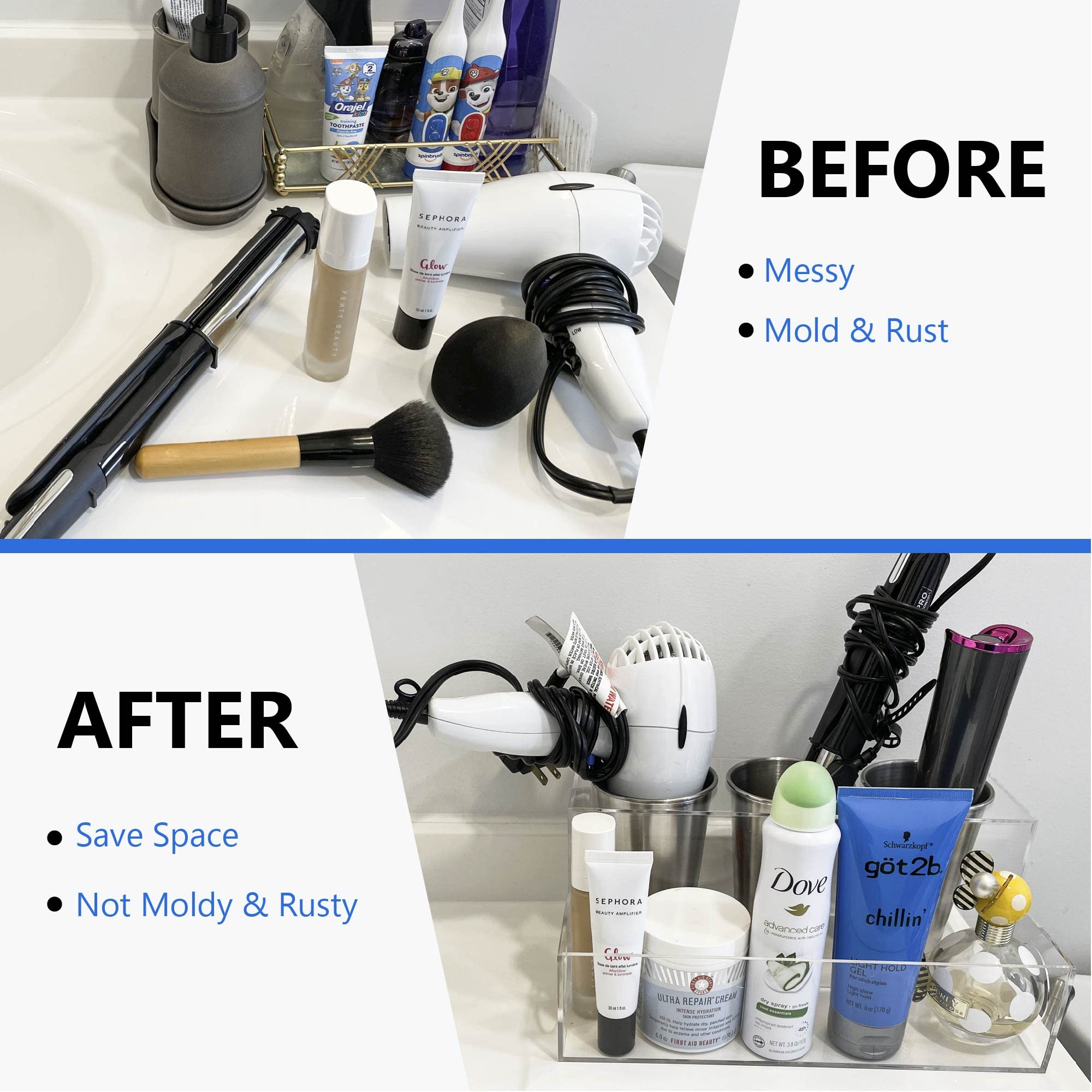 BEZAZZLED Hair Tool Organizer, Clear Acrylic Hair Dryer and Hair Styling Tools Organizer, Bathroom Countertop Blow Dryer Holder, Vanity Storage Stand for Accessories, Makeup with Cord Wrap Organizers