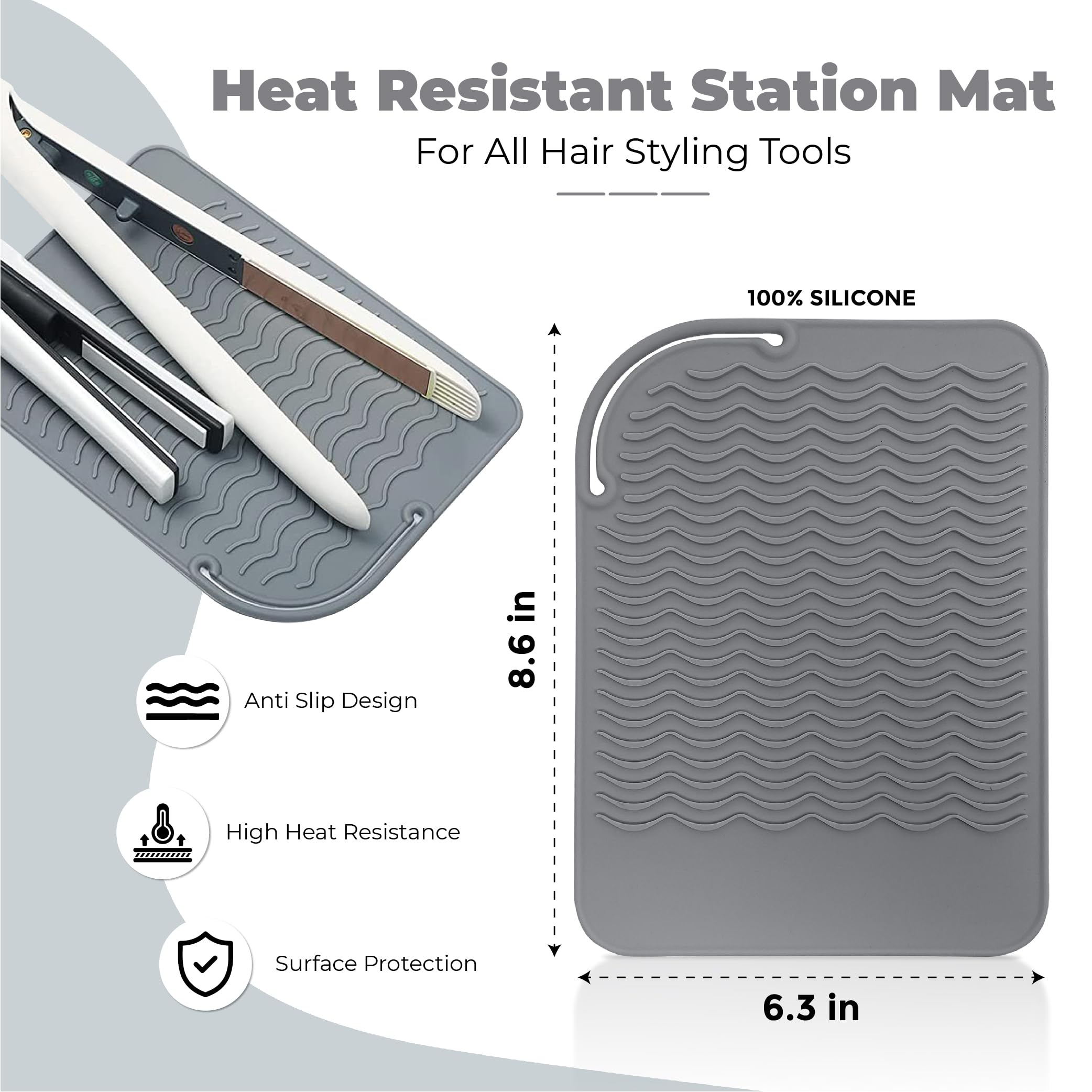 Silicone Hair Tool Holder & Heat Mat - Heat Resistant Mat for Hair Tools, Flat Iron, Curling Iron, Anti Heat Pad for Hair Straighteners - Professional Soft Rubber Pad & Flat Iron Cover