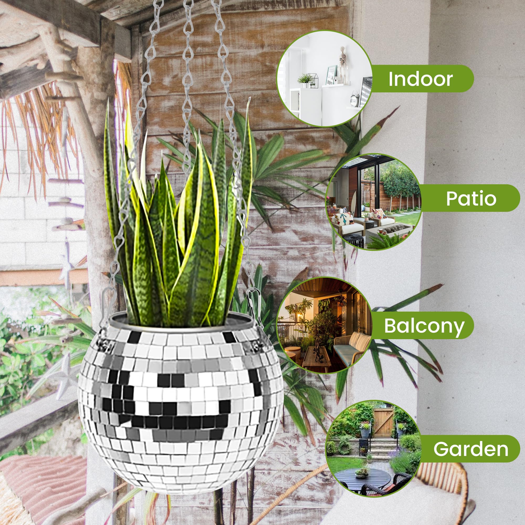 Disco Ball Planter:Christmas Gift, Indoor Hanging Plant Pot, 8 Inch Plant Hanger Decorative Mirror Stand for Porch & Home Garden, Large Plastic Planter with Rope Chain