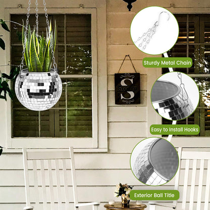 Disco Ball Planter:Christmas Gift, Indoor Hanging Plant Pot, 8 Inch Plant Hanger Decorative Mirror Stand for Porch & Home Garden, Large Plastic Planter with Rope Chain