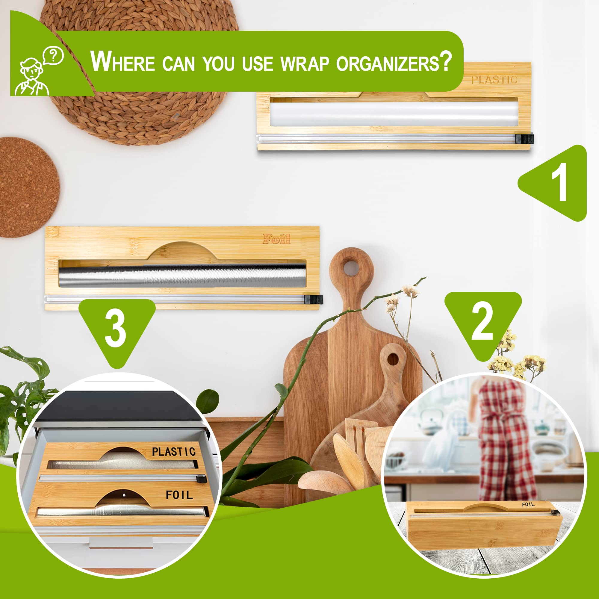 BEZAZZLED Bamboo Foil and Plastic Wrap Organizer, Dispenser with Cutter for Drawer, Neat Dispenser with Cutter, Aluminum Foil Dispenser,Storage Organization Holder for 12" Roll